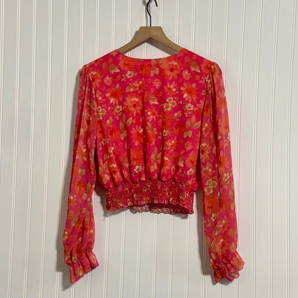 Peach Love California Floral Crop Top NWOT Coquette L Smocked Pink Boho Romantic - Picture 3 of 8